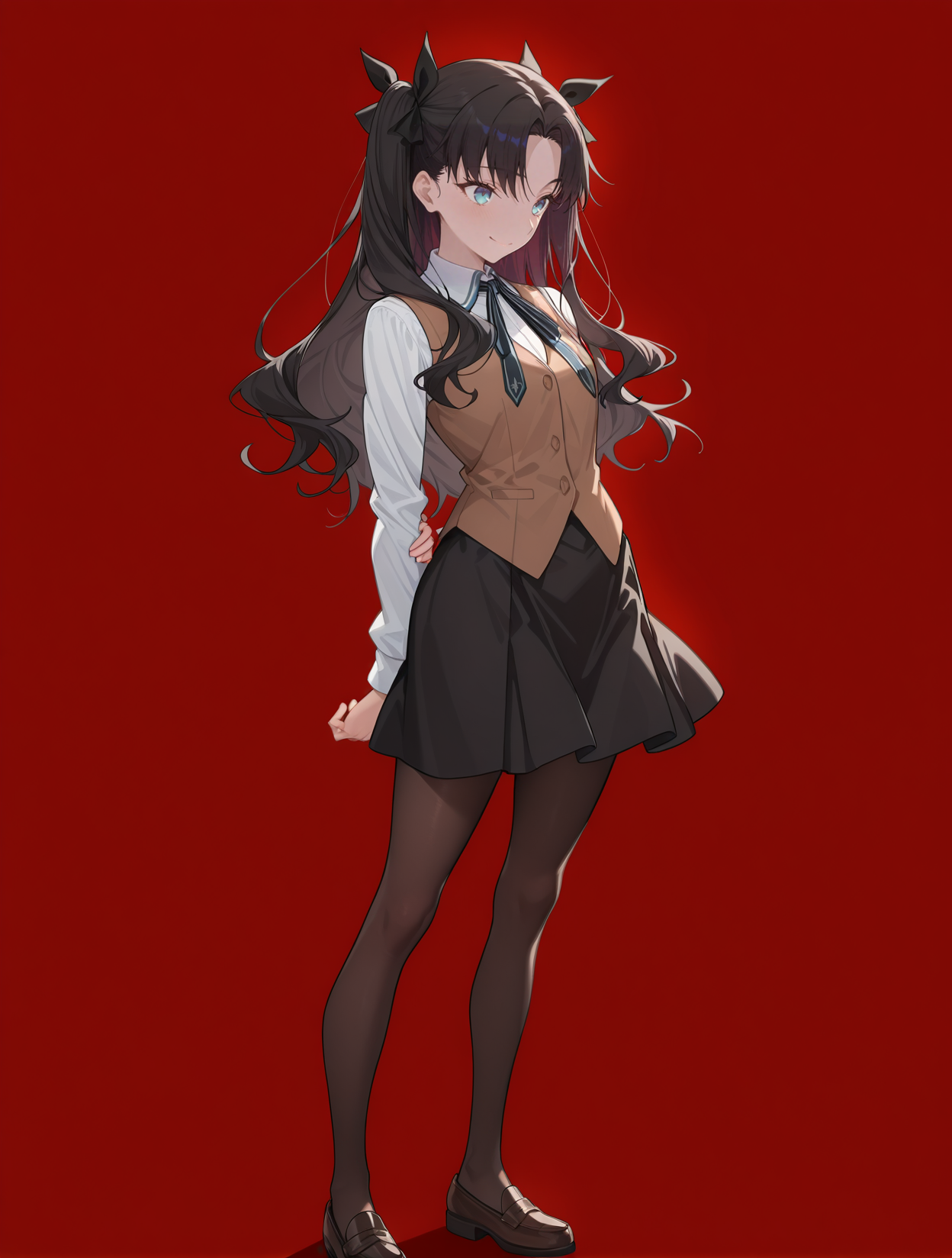 perfect quality,high quality,masterpiece,best quality,amazing quality,very aesthetic,absurdres,Cinematic Lighting,newest,
front view,full_shot,Smile,
TohsakaRinCYQL,1girl,solo,long hair,black hair,two side up,bangs,parted bangs,ribbon,hair ribbon,black ribbon,blue eyes,school uniform,shirt,white shirt,ribbon,neck ribbon,vest,brown vest,skirt,black skirt,pantyhose,
full body,standing,covering_face,,
red background,simple background,
<lora:ponyv4_noob1_2_adamW:0.6>,<lora:spo_sdxl_10ep_4k-data_lora_webui:0.6>,<lora:USNR STYLE_XL_loha:0.45>,<lora:HG2512 by CYQL:0.9>,HG2512,usnr,,<lora:TohsakaRin_Illustrious by Cyql:1>,