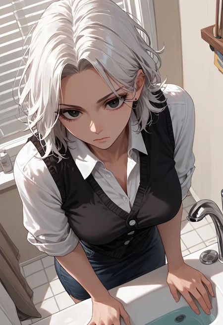 score_9, score_8_up, score_7_up, 36 years old, milf, mature, zPDXL3, medium breasts, medium hair, messy hair, (goth:1.1), white hair, black eyes,
(face focus, close-up:1.4), from above,
white shirt, black vest, unbuttoned vest, buttons,denim skirt, black skirt,feet,  rolled up sleeves,
bored, bathroom, sink, counter, standing,
dutch angle,
