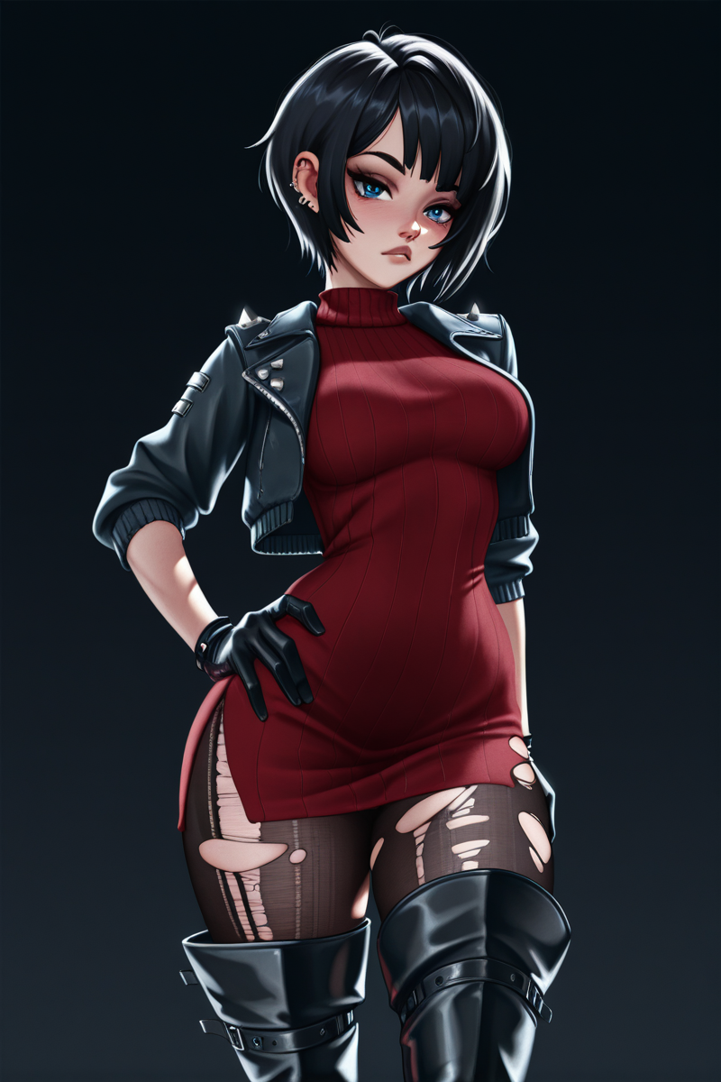 masterpiece, best quality, amazing quality,
<lora:BeKusV2_IL:1> bekus, 1girl, solo, torn clothes, gloves, black hair, short hair, jacket, black gloves, torn pantyhose, thigh boots, pantyhose, thighhighs, boots, hand on hip, sweater, breasts, cropped jacket, piercing, blue eyes, ear piercing, dress, red dress, open jacket, looking at viewer