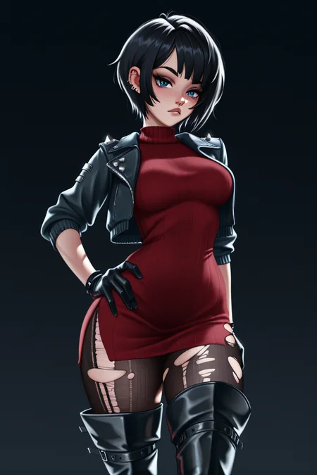 masterpiece, best quality, amazing quality,
<lora:BeKusV2_IL:1> bekus, 1girl, solo, torn clothes, gloves, black hair, short hair, jacket, black gloves, torn pantyhose, thigh boots, pantyhose, thighhighs, boots, hand on hip, sweater, breasts, cropped jacket, piercing, blue eyes, ear piercing, dress, red dress, open jacket, looking at viewer