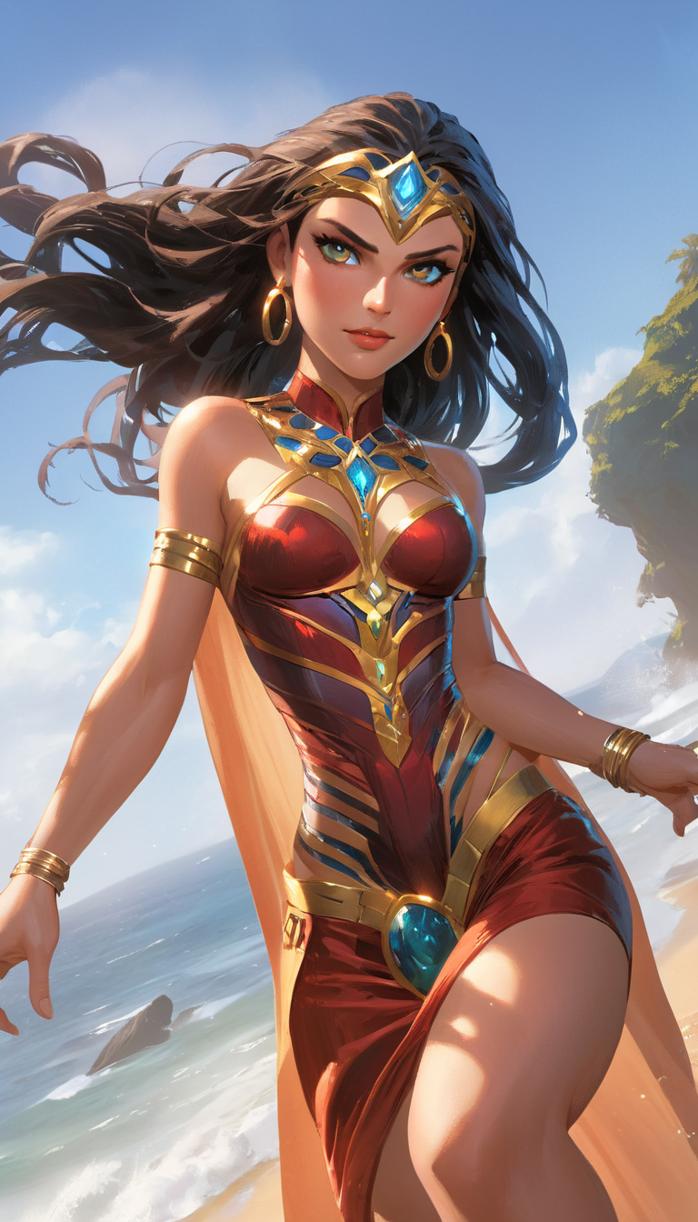 Stunning female in exotic outfit, flying through a paradox, extremely beautiful piercing eyes, cinematic scene, hero view, action pose, scenery, (detailed background, masterpiece, best quality, high quality,  intricate, absurdres, very detailed, extremely high resolution, 8k, vivid, colorful:1.4), Sillage Comic <lora:sillage_xl_v1:0.5>, Greg Rutkowski  <lora:greg_rutkowski_xl_v1:0.5>, Mike Deodato <lora:mike_deodato_xl_v1:0.5>, Toni Infante <lora:toni_infante_xl_v2:0.5>, Ghibli Studio <lora:studio_ghibli_xl_v1:0.5> <lora:add-detail-xl:1> <lora:neg4all_bdsqlsz_xl_V7:1> <lora:DetailedEyes_V3:1>
