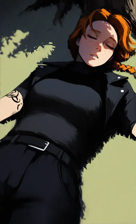 street shot of concept art  <lora:vica:1>    vicamf, 1girl, solo, green eyes, orange hair, freckles, frown , braid,  pants, black jacket, belt, black gloves, tattoo,  black shirt, shirt, black pants, girl, shaded face,  on back, sleeping, light and shadow, (tree shade:1.1), ( parted lips, dappled sunlight:1.1), nature, on grass, from above, expressionless, closed eyes, shadow, day, short sleeves, tree, solo, dark, outdoors,  on ground, sunlight, lying, dress, forest, grass, shade, masterpiece, best quality,  newest, highres, absurdres, very Aesthetic
bokhe, blurry background, dynamic angle,rtx, ray tracing, sexy,pinup:1.2,depth of field, cinematic, (masterpiece, best quality), safe, amazing quality, very aesthetic, absurdres, highres, newest, RAW,,   <lora:DarkerThanBlackIllustrious:0.7> <lora:nhl-001:1> nhl-001, limited palette, realistic <lora:NOOB_vp1_detailer_by_volnovik_v1:1> . digital artwork, illustrative, painterly, matte painting, highly detailed. Urban, casual, candid, trendy