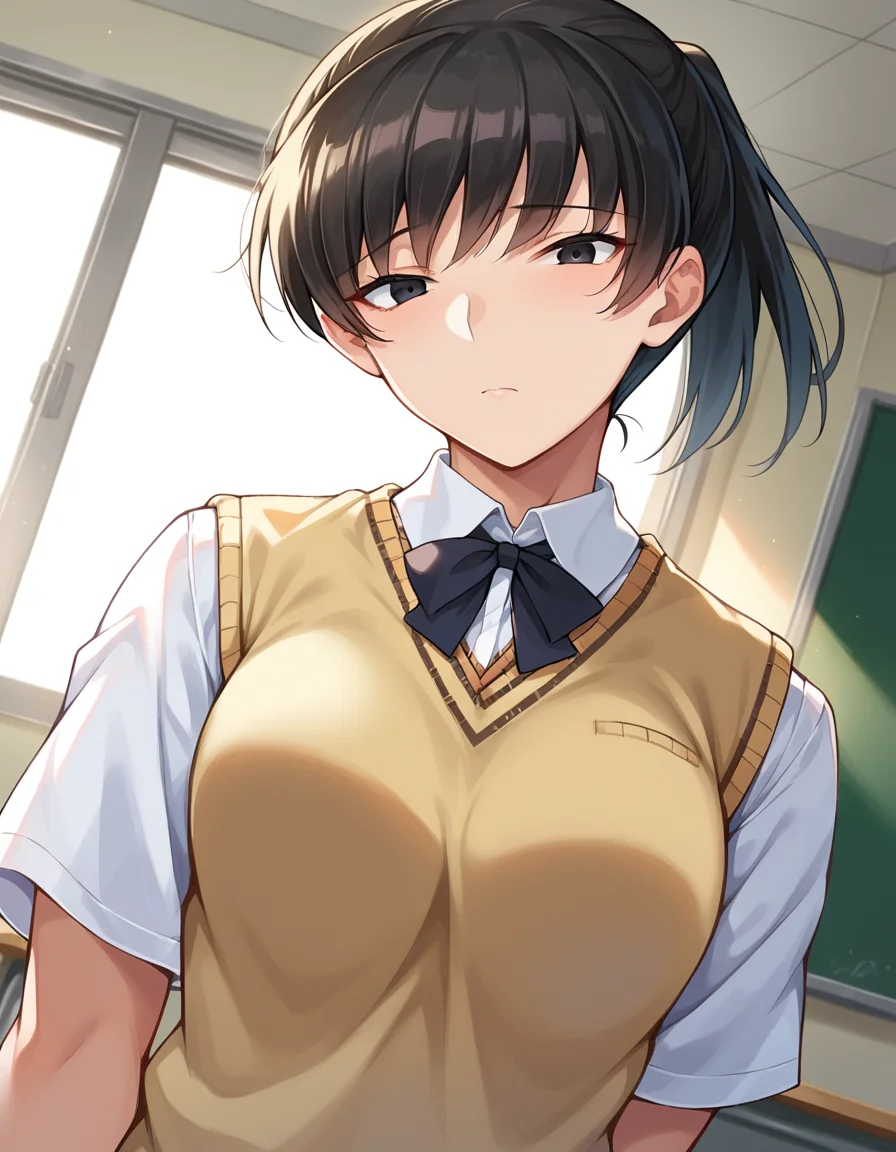 score_9, score_8_up, score_7_up, source_anime,
hibikitsukahara, <lora:hibiki-tsukahara-ponyxl-lora-nochekaiser:1>
hibiki tsukahara, black eyes, black hair, ponytail, narrow eyes, slanted eyes,
kibito high school uniform, school uniform, sweater vest,
indoors, classroom,
looking at viewer, dutch angle, cowboy shot,