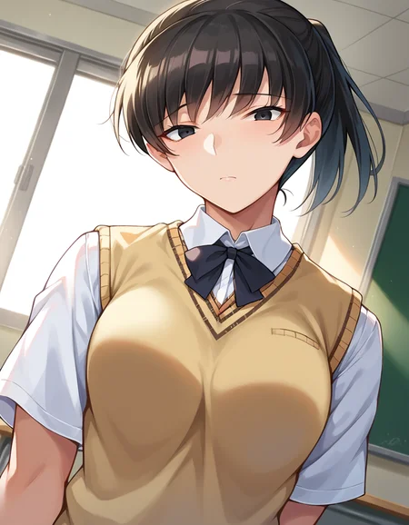 score_9, score_8_up, score_7_up, source_anime,
hibikitsukahara, <lora:hibiki-tsukahara-ponyxl-lora-nochekaiser:1>
hibiki tsukahara, black eyes, black hair, ponytail, narrow eyes, slanted eyes,
kibito high school uniform, school uniform, sweater vest,
indoors, classroom,
looking at viewer, dutch angle, cowboy shot,