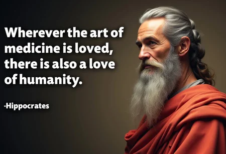 Background text “Wherever the art of medicine is loved, there is also a love for humanity.” by hippocrates, image shows hippocrates a man with long beard and kind demeanor, text focus