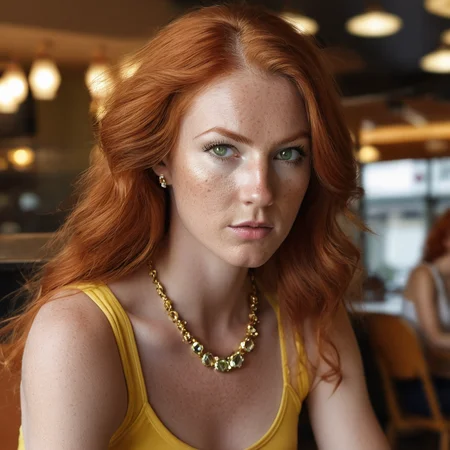 score_9,score_8_up,score_7_up,realistic,FiadhRose01,a fit red hair,green eyes,irish nationality,as a ((rockstar)) with ((long hair)) wearing (clothes adorned with shimmering jewels or crystals),dressed in yellow crop top,yellow skirt,white high heels,gold necklace,tennis court,hard surface,painted lines,no other people,sitting down,slightly leaning forward,facing camera,close-up shot,three-quarter view,shallow depth of field,at a cafe,accent lighting,masterpiece,volumetric lighting,ice,(intricate skin detail:1.3),(wrinkles:1.2),(skin blemishes:1.1),(skin pores:1.1),(detailed face:1.3),(lips slightly parted:1.0) ,