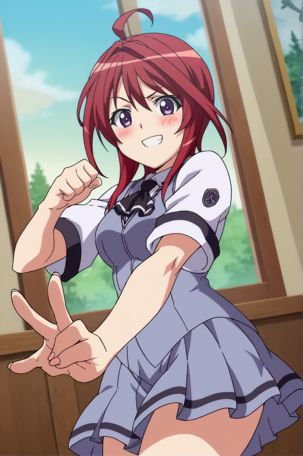 score_9, score_8_up, score_7_up,anime_source, source_anime, best background, detailed background, anime screencap,  Mafuyu, 1girl, ahoge, blush, school uniform, skirt, socks, solo, dynamic pose, dynamic camera, dynamic angle, blush, seductive smile, standing, victory pose, victory fingers,  indoors,  <lora:JN_Oribe_Mafuyu:0.8>