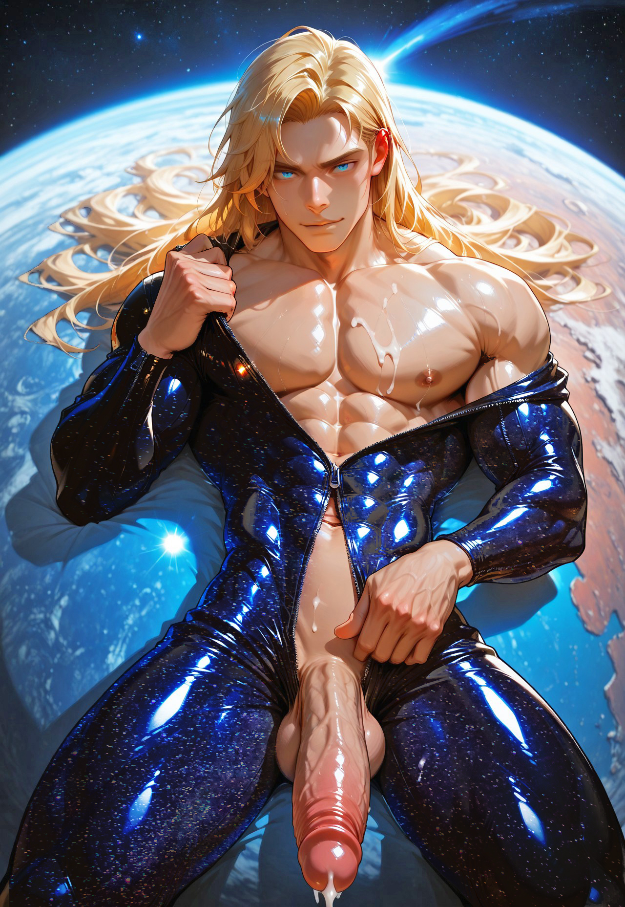 cowboy shot, full-length portrait, front view, 3/4 shot, zoomed out, to down view, view from above, 

rating_explicit, best quality, highly detailed, ultra high quality, masterpiece, high res, vivid color, high saturation,

1boy, male focus, sexy, bara, solo,
blonde hair, blue eyes, hair covering eyes, black glitter bodysuit, plunging neckline,

undressing, taking cloths off, laying on planet, holding shoulder strap, off shoulder, laying on back,

black glitter bodysuit zipper, open zipper, opening, unzipped, 
front zipper, open thigh zipper, open knee zipper, open arm zipper, open leg zipper,

clothing open, hand on zipper, unzipping, pulling zipper down, opening clothing zipper,

Dynamic pose, dynamic angle, Dutch angle, looking at viewer, seductive face,

male, 18 years old, soft face, massive pectorals, muscular body, wide shoulders, slim waist, tiny waist, massive penis, penis dripping cum, lean butt, skindentation, muscular body, tiny waist, narrow waist, micro waist,

Detailed background, outer space, planets, stars,