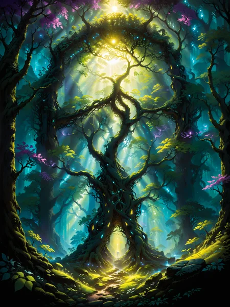 <loractl:envybetterhiresfixxl01-xl:0.2:hr=1.0> <lora:add-detail-xl:2.4> <lora:xl_more_art-full-xl:0.6> <lora:rmsdxl_enhance-xl-by_rmada:2.0> <lora:lyco-style-envydramaticlightingxl01_digital_art-xl:0.5> <lora:dark_atmospheric_contrast-xl-by_zavy:0.8> <lora:style-neon-xl-by_kuritsutian197:0.3> neon_style, famous painting by (eyvind earle:1.3), (colorful:1.2), movie poster style, cover art, (druidic magic:1.4), (glowing celtic knots:1.4), at night, in the depths of the lush ancient forest, a mysterious celtic druid sanctuary comes to life in a hidden glade, moonbeams pierce through the canopy and illuminate the moss-covered standing stones and an ancient altar, druids from all corners of the realm exchange their knowledge here, overgrown, dappled light, crepuscular rays, dreamlike, otherworldly, ethereal, hazy background, mystic, dark, low-key, black, teal, green, purple, blue, red, yellow, ultra detailed