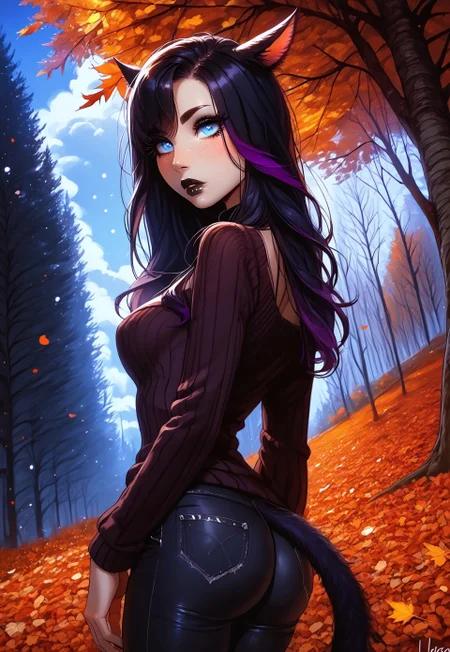 safe_pos, score_9,score_8_up,score_7_up,score_6_up, Goth girl 1girl, Goth girl, miqo'te, FemmeMiq, cat girl, cat ears, animal ears, animal ear fluff, ((long black hair with purple highlights and bangs)), bangs, freckles, bold makeup, black lips, dark eyeshadow, long eyelashes, black eyeliner, ((large expressive blue eyes)), hourglass figure, medium breast, perky breast, perfect round ass, long eyelashes, dark pupils, high contrast shadows, high res image, masterpiece, dynamic shot, <lora:Expressive_H:0.65>, <lora:incase-ilff-v3-4:0.5> <lora:g0th1cPXL:0.45>, <lora:princess_pony_v1:0.1> <lora:Branwen_QBR:0.7>, high gradient eyes, eyesHD, dynamic pose, dynamic, detailed eyes, high definition eyes, amazing quality, wallpaper, ((dark purple long sweater)), ((black jeans)), autumnforrestmb, autumn, forest, tree, nature, outdoors, Autumn leaves, Scenery,
