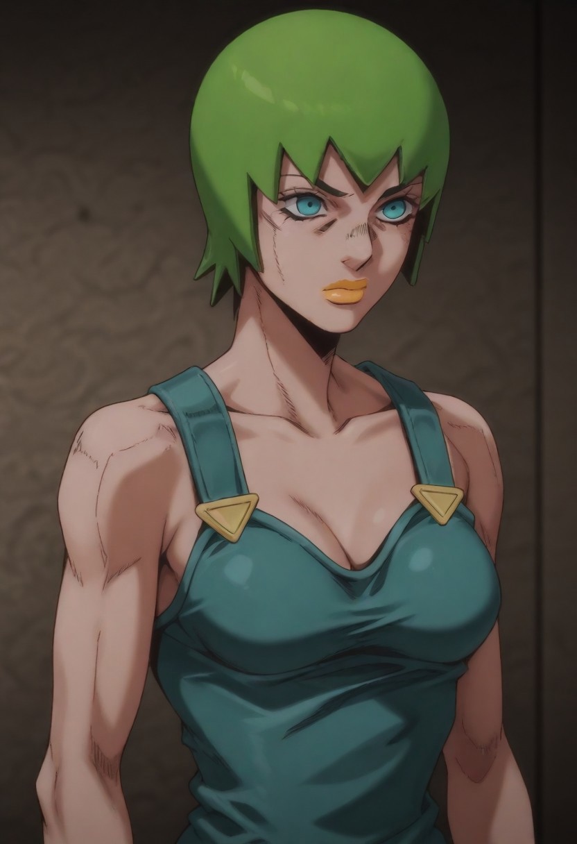masterpiece, best quality, amazing quality,,, shiny skin,,,,,  (((1girl, solo, FooFighters, Green Hair, Short Hair, Cyan Eyes, Yellow Lipstick, Teal Overalls, Gold Buttons, perfect face, detailed eyes))),