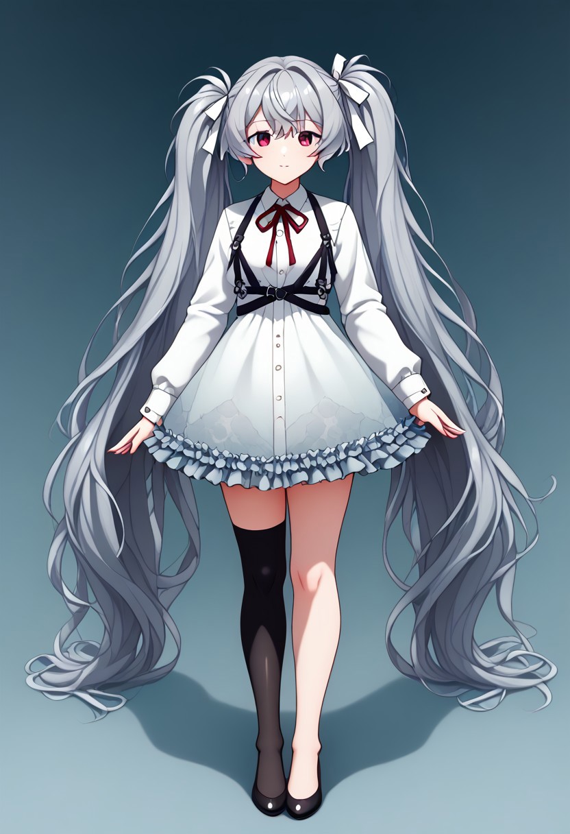 (masterpiece,best quality,ultra_detailed,highres,absurdres:1.2), zuppu11, score_9, score_8_up, full body, human, solo, female focus, 25-jimiku, grey hair, twintails, hair ribbon, heterochromia, blue eyes, red eyes, look at viewer, frills, white dress, frilled dress, neck ribbon, red ribbon, chest harness, long sleeves, single thighhigh, black thighhighs, Expressiveh, fluxenh4nce
