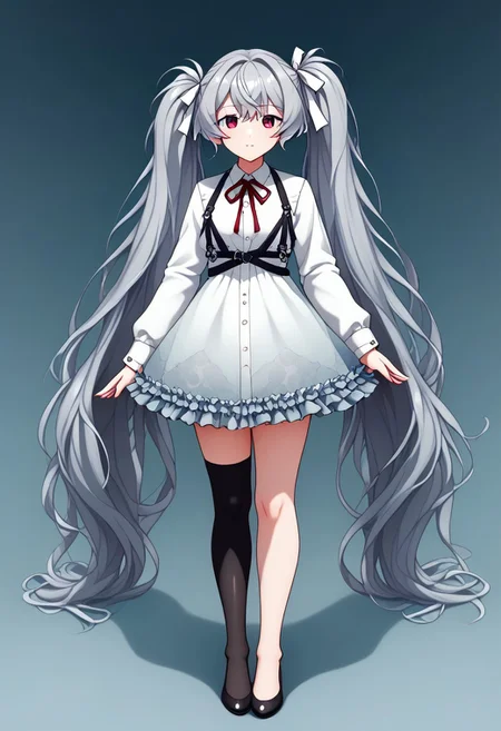 (masterpiece,best quality,ultra_detailed,highres,absurdres:1.2), zuppu11, score_9, score_8_up, full body, human, solo, female focus, 25-jimiku, grey hair, twintails, hair ribbon, heterochromia, blue eyes, red eyes, look at viewer, frills, white dress, frilled dress, neck ribbon, red ribbon, chest harness, long sleeves, single thighhigh, black thighhighs, Expressiveh, fluxenh4nce