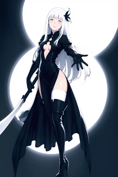 yoshida akihiko,
1girl, magnolia arch, bangs, black gloves, black thighhighs, blunt bangs, boots, cleavage cutout, clothing cutout, dress, flower, full moon, gloves, hair flower, hair ornament, high heel boots, high heels, leg up, lips, long hair, moon, naginata, night, outstretched hand, polearm, side slit, smile, solo, thigh boots, thighhighs, weapon, white hair, yellow eyes, bravely default \(series\)
<lora:yoshida_akihiko_offset:1>