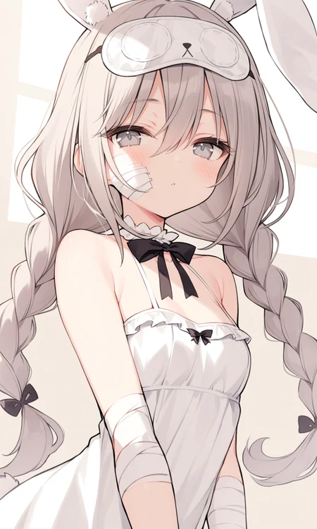 1girl, sensitive, solo, long hair, breasts, looking at viewer, dress, animal ears, hair between eyes, bare shoulders, twintails, tail, upper body, grey hair, braid, small breasts, sleeveless, white dress, rabbit ears, twin braids, grey eyes, sleeveless dress, bandages, bandaged arm, sleep mask
