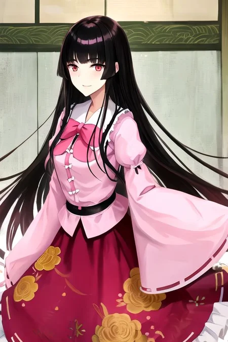 Kaguya, 1girl, solo, long hair, looking at viewer, blush, smile, bangs, skirt, shirt, black hair, red eyes, long sleeves, bow, very long hair, closed mouth, frills, japanese clothes, wide sleeves, blunt bangs, bowtie, sleeves past wrists, red skirt, floral print, frilled skirt, white bow, frilled sleeves, sleeves past fingers, pink shirt, frilled shirt collar, hime cut, breasts