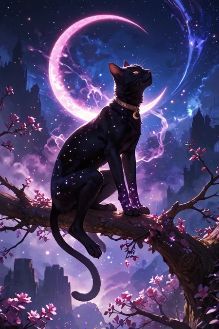 realistic,detailed background,score_9,score_8_up,score_7_up,masterpiece,best quality,
<lora:(增强)sdxl_lightning_8step_lora:1>,<lora:glowneon_xl_v1:1>,glowing,<lora:ExpressiveH:0.8>,Expressiveh,<lora:(增强)Hands XL 4:1>,perfect hands,
Surreal night scene,silhouette of a cat sitting on a tree branch,crescent moon in the sky,purple hues,starry night,dreamlike atmosphere,glowing edges,mystical,high contrast,ethereal light,detailed textures,whimsical,no human,