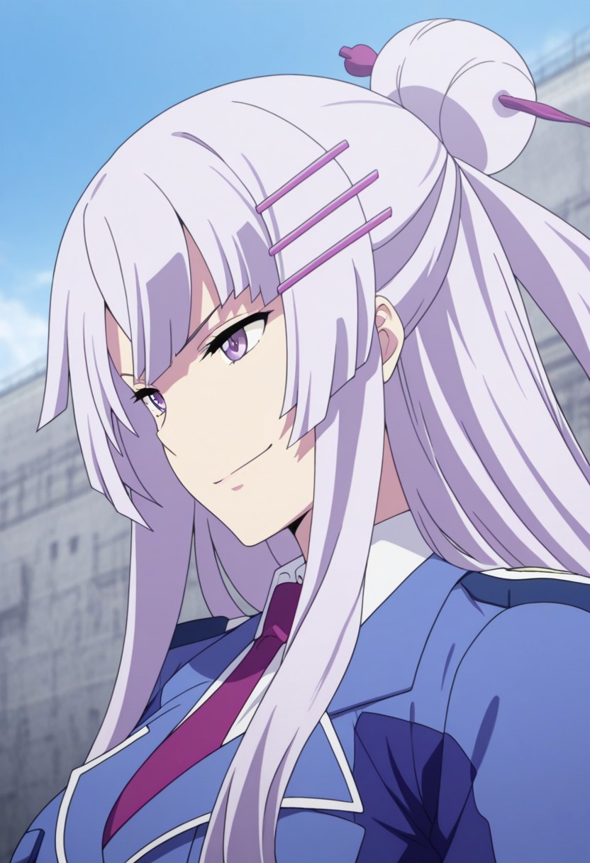 masterpiece,best quality,amazing quality, source_anime, 
Froleytia, 1girl, solo, purple eyes, purple hair, long hair, hair ornament, single hair bun, hair stick, uniform, shirt, white shirt, collared shirt, necktie, purple necktie, jacket, blue jacket, upper body, smile, closed mouth, determined,
outdoor,