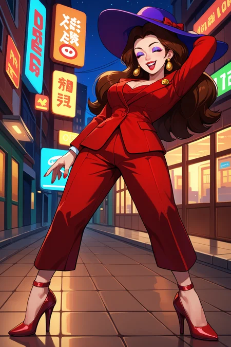 score_9, score_8_up, score_7_up, score_6_up, source_anime, 1girl, solo, <lora:pauline-pdxl-nvwls-v1-000005:1> smopalne, brown hair, long hair, blue eyes, eyeshadow, lipstick, earrings, purple hat, red suit, red pants, large breasts, closed eyes, happy, looking at you, red high heels, full body, city, night, street