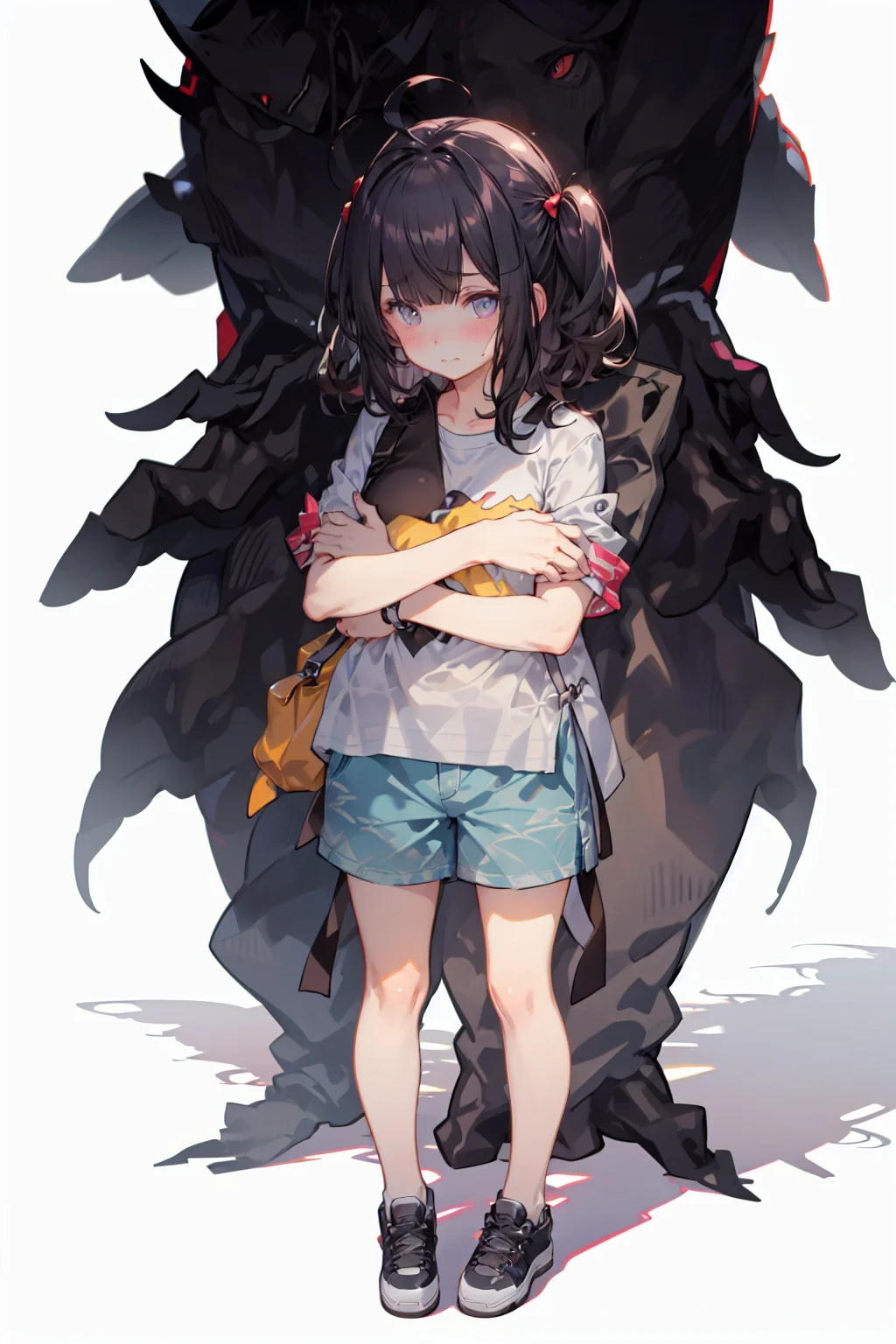 shadowhug, shorts, shirt, blush, white shirt, white background, 1girl, short sleeves, black hair, shoes, hug from behind, bangs, standing, ahoge, closed mouth, simple background<lora:shadowhug-000009:1>