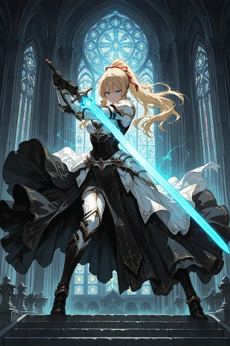 1girl,
white armor, blonde hair, blue eyes, long hair, ponytail, black dress, white sleeves, red ribbon, black gloves, black boots, holding sword, glowing sword, blue glow, gothic architecture, stained glass window, cathedral, dynamic pose, action, fantasy, detailed background, intricate design, dramatic lighting, high contrast, dark colors, light blue accents, intricate patterns, flowing dress, fantasy setting, intense expression, powerful stance, ethereal atmosphere, detailed textures, vibrant colors illustrious style, holding, glowing weapon, blue theme, weapon, goth fashion, architecture, solo, hair ribbon, sword, gloves, ribbon, glowing, holding weapon,
A female warrior in a dark and eerie setting. she is wearing a black outfit with red accents and has long blonde hair that is flowing in the wind. the warrior is holding two swords in her hands, one blue and one pink. the background is filled with intricate patterns and designs, including gears, cogs, and other mechanical components. the overall mood of the image is dark and mysterious.
<lora:hina_MixArmor_x215c:0.7>