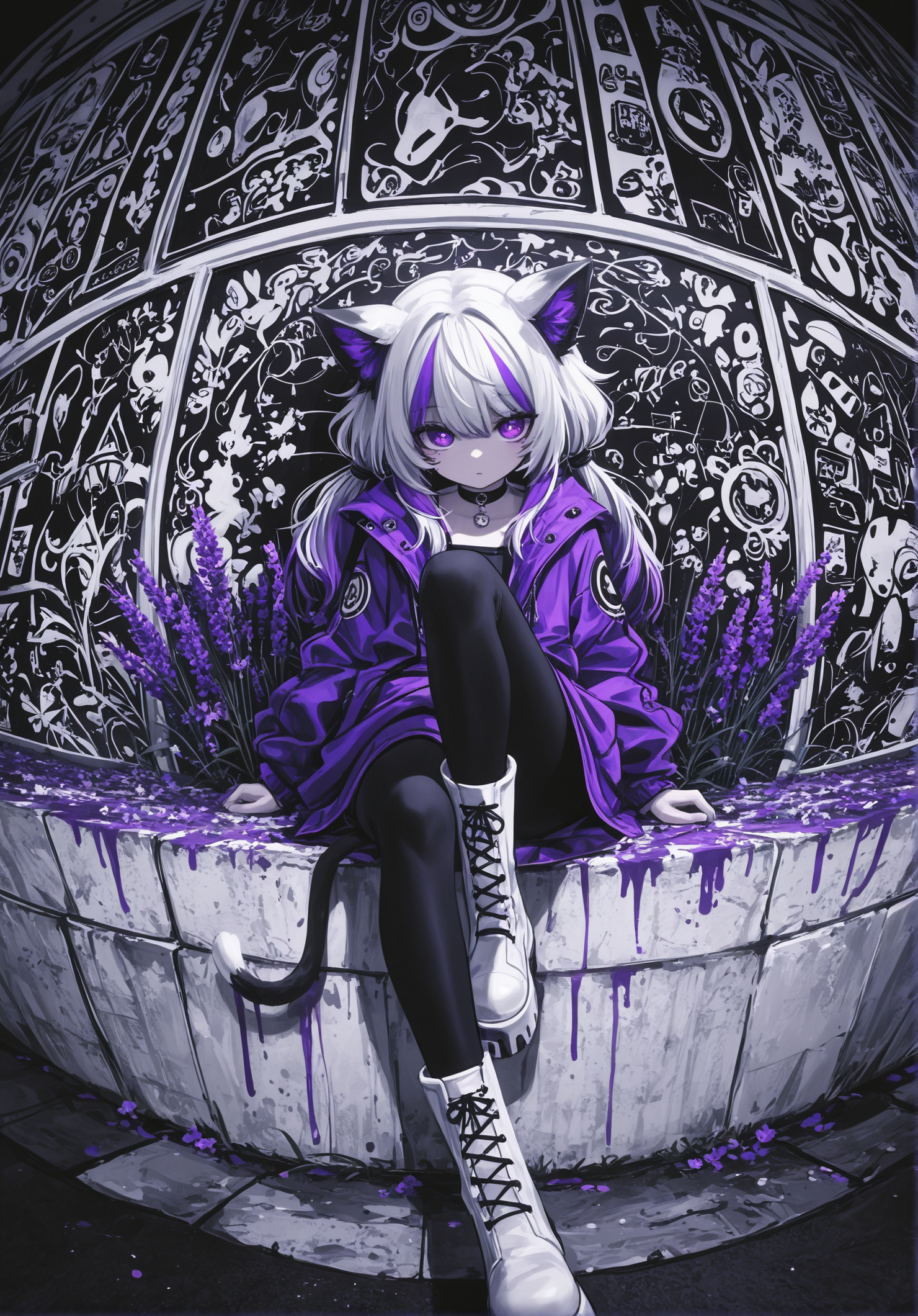 HDR photo of clean style (texture:0.81) masterpiece, best quality, best quality, exponential, [(quasarcake:0.65):crain1art:21], (xxyt-xx:0.85), chen bin, berryverrine, knee up, white_boot, black_leggings, fisheye, perspective, apothecary, (safe),
limited color,Maximalism artstyle,Geometric artstyle,Butterflies), double exposure of flower and liquid, fusion of Fluid virginia abstract art, //black and white painting, sketch, anime styling, professional artwork, illustration, official art, promotional art, product_art, (colorful paint splatter:1.16),1girl, solo, hair tie, white hair, cat girl, violet maroon eyes, cat ears, choker, lavender jacket, violets,lavender \(flower\),//detailed white background//, anime style top down close-up, street art, vibrant, urban, detailed, tag, mural, high dynamic range, vivid, rich details, clear shadows and highlights, anime 2d, intense, enhanced contrast, highly detailed, background gradient, beautiful