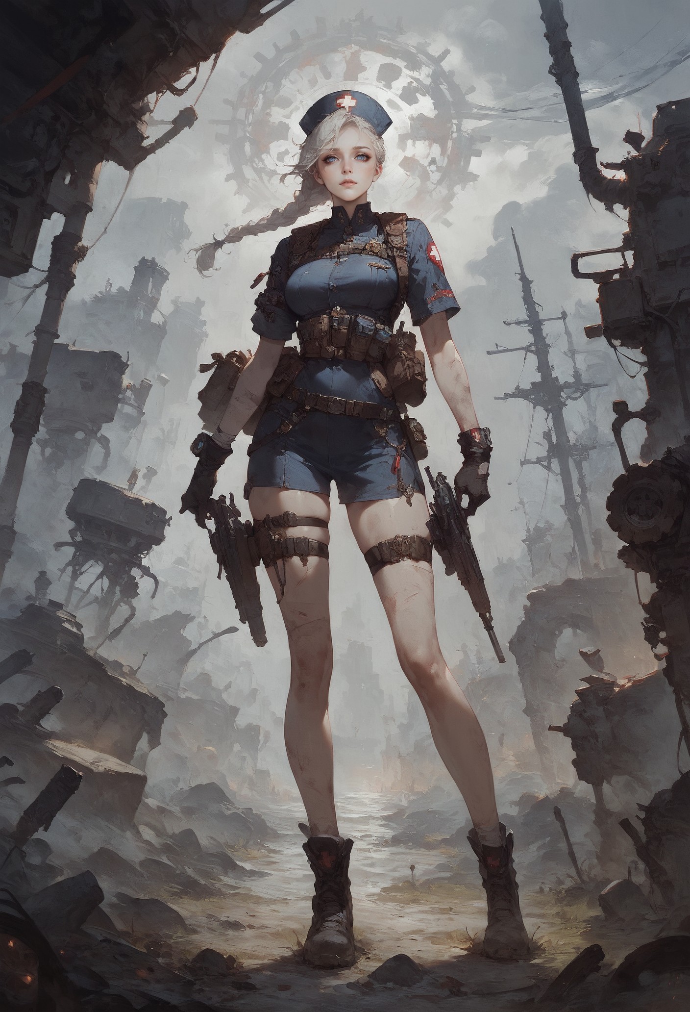 score_9, score_8_up, score_7_up,    1girl, moonlight, fantasy, post apocalyptic, apocalyptic, steampunk, vibrant, solo, full body, nurse, pale skin, tactical vest, military uniform, braid,  <lora:Concept Art Twilight Style SDXL_LoRA_Pony Diffusion V6 XL:0.8> concept art  <lora:Expressive_H-000001:0.8> expressiveh