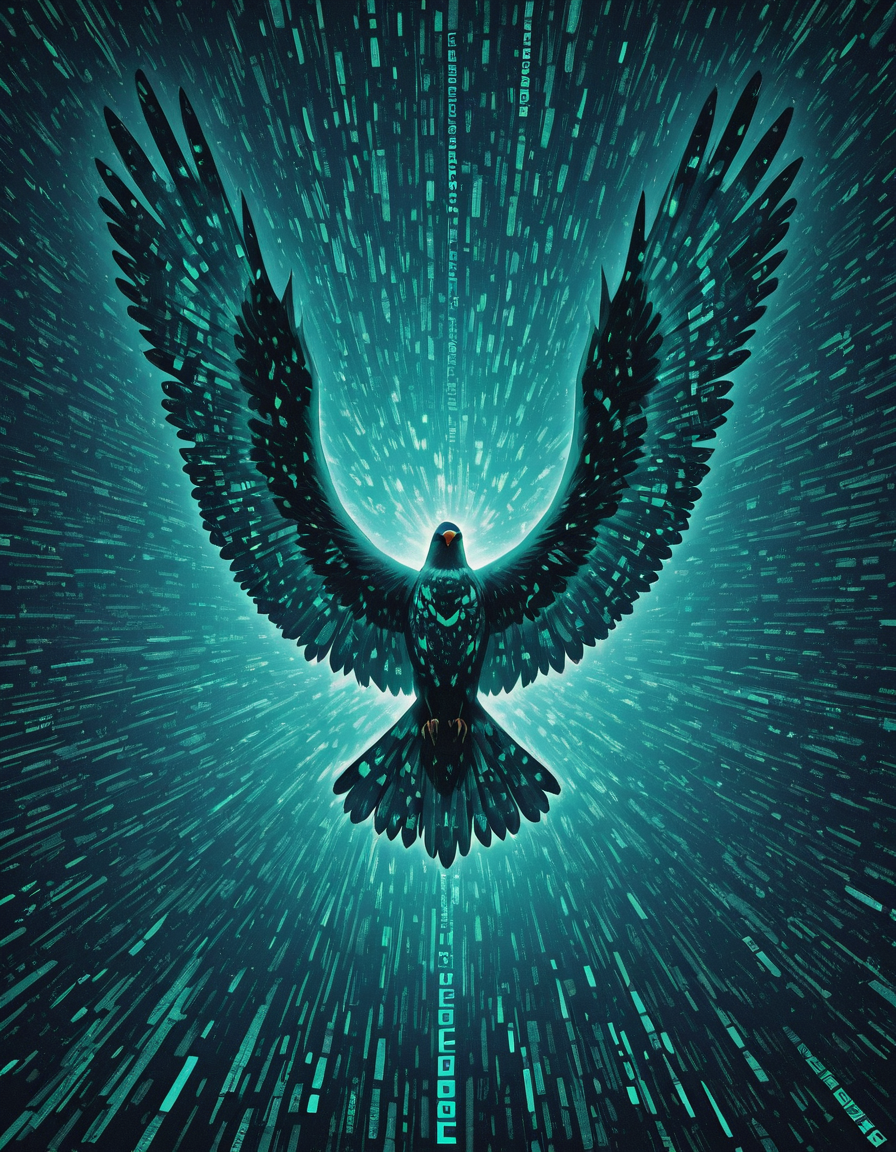 Glitchcore Art Style, detailed, mmatrix-style, silhouette, code, text focus, glitch, digital dissolve, bird, dynamic, dramatic, distorted, vibrant colors, glitchcore art style