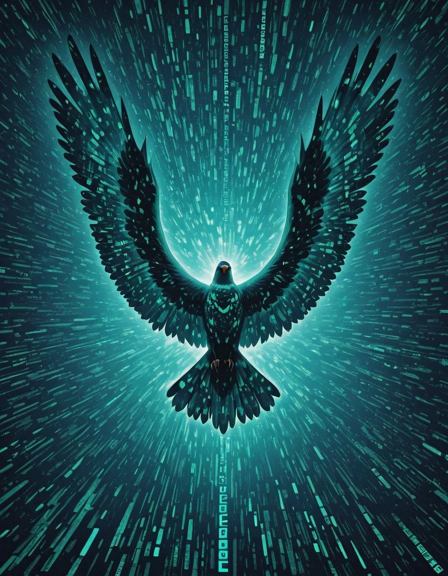 Glitchcore Art Style, detailed, mmatrix-style, silhouette, code, text focus, glitch, digital dissolve, bird, dynamic, dramatic, distorted, vibrant colors, glitchcore art style