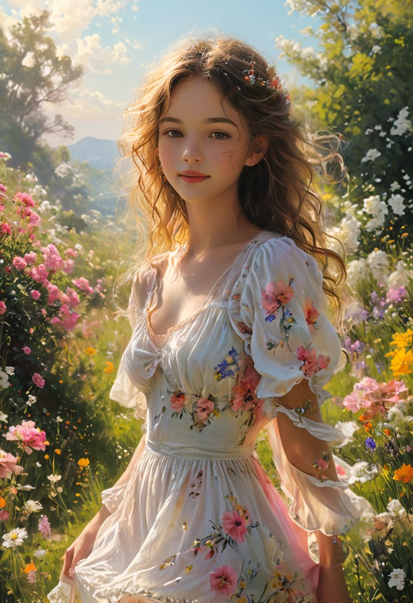 score_9, score_8_up, score_7_up, score_6_up, score_5_up, score_4_up,
A young girl in the midst of a lush meadow, surrounded by a profusion of vibrant spring flowers. Her long, wavy hair cascades down her back, dancing in the gentle breeze as she standing on green grass. She wears a simple, pastel-colored dress, its flowing skirt billowing around her delicate ankles.
She is smiling, looking at the viewer. A cloudless blue sky arches overhead, dappled with puffy white clouds.