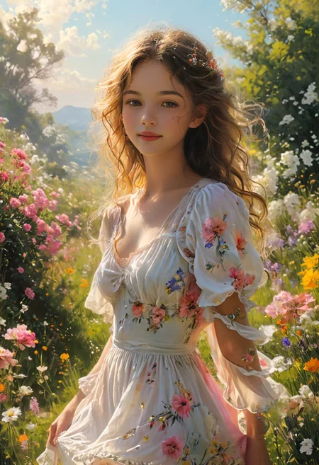 score_9, score_8_up, score_7_up, score_6_up, score_5_up, score_4_up,
A young girl in the midst of a lush meadow, surrounded by a profusion of vibrant spring flowers. Her long, wavy hair cascades down her back, dancing in the gentle breeze as she standing on green grass. She wears a simple, pastel-colored dress, its flowing skirt billowing around her delicate ankles.
She is smiling, looking at the viewer. A cloudless blue sky arches overhead, dappled with puffy white clouds.