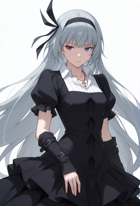 Smooth Quality,masterpiece,very intricate, high quality details, ultra realistic, high detailed skin,detailed enviorement,absurdres,
simple background, white background,solo,
dutch angle,dancing, 
sulking,
 <lora:Valentine_CNR:0.8> valentine_cnr, 1girl, blue eyes, grey hair,red eyes,  heterochromia, blue eyes,very long hair,  valentine_def, black dress,gothic fashion, puffy sleeves, short sleeves, arm warmers, black hairband, cross necklace, hair ribbon, hairband,
