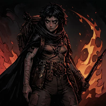 masterpiece, best quality, newest, absurdres, highres,
TTCSV1.0
1girl, DDRAW-V1.0, cape, black hair, short hair, small breasts, backpack, rags, weapon, holding weapon, fire,