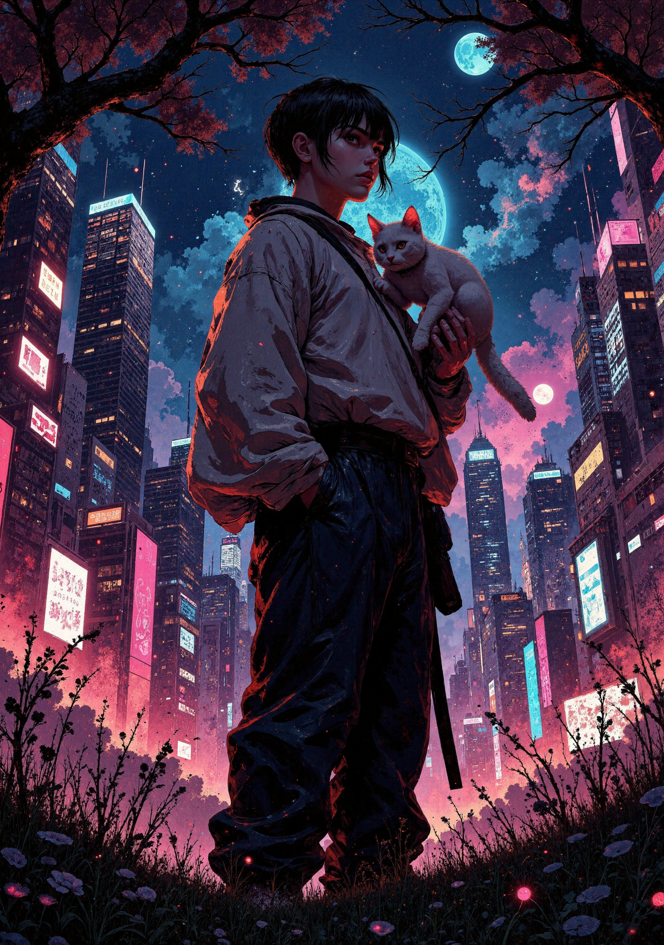 A large and detailed anime illustration of a boy with a cat on his shoulder, standing in front of a large Japanese cyberpunk city, dotted with many neon lights. He is dressed in simple clothes, consistent with the cyberpunk style, with lines on some areas of his skin connecting barely noticeable implants. A white cat with one metal ear sits contentedly on his shoulder. They are standing on the rare patch of land where there is still grass and an old tree, while in the distance you can see endless neon skyscrapers, their tall spires reaching into the night sky.

((volumetric lighting, aesthetic design, dramatic angle, cinematic framing, posing at an angle)), (((unique artistic composition))), тmaximum image detail, glow, shining, intricate cinematic background, ((beautiful face, detailed eyes, natural emotions, fullbody)),, neonpunk style {prompt} . cyberpunk, vaporwave, neon, vibes, vibrant, stunningly beautiful, crisp, detailed, sleek, ultramodern, magenta highlights, dark purple shadows, high contrast, cinematic, ultra detailed, intricate, professional