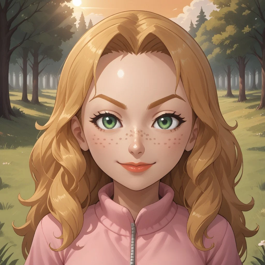 score_9, score_8, BREAK, solo, mii, wii, female wii, 1girl, wii sports, blonde hair, dark blonde eyebrows, green eyes, freckles, lips, pink clothing, white pants, shoes, nintendo mii, modern_mii, classic_mii, breasts, Rachel_(Wii_Sports), cute, sexy pose, smile, outdoors, sunlight, shadows, evening lighting, natural lighting, forest, trees, grass, orange sky, sunset