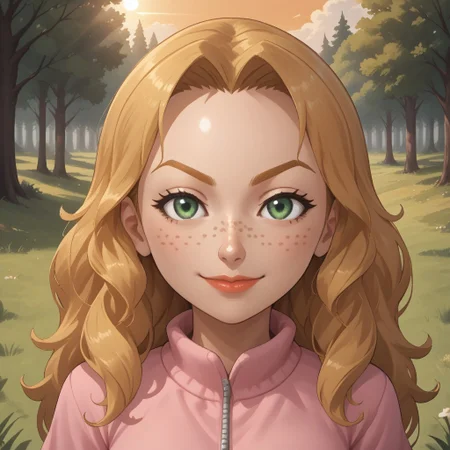 score_9, score_8, BREAK, solo, mii, wii, female wii, 1girl, wii sports, blonde hair, dark blonde eyebrows, green eyes, freckles, lips, pink clothing, white pants, shoes, nintendo mii, modern_mii, classic_mii, breasts, Rachel_(Wii_Sports), cute, sexy pose, smile, outdoors, sunlight, shadows, evening lighting, natural lighting, forest, trees, grass, orange sky, sunset