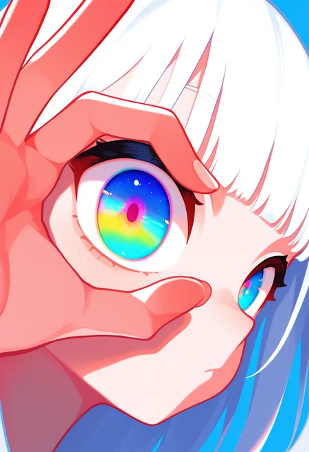 masterpiece, best quality, good quality, very awa, very aesthetic, absurdres, newest, (Perfect details),(****), 1girl, solo, OK sign, hand over eye, OK sign over eye, (face focus, eye focus):2, foreshortening, perspective, dynamic angle, rainbow eyes, white hair, solid color background, haiz_ai, no lineart,no outline, <lora:ponyv6_noobV1_2_adamW-000017:0.7> <lora:haiz_ai_illu:0.8>