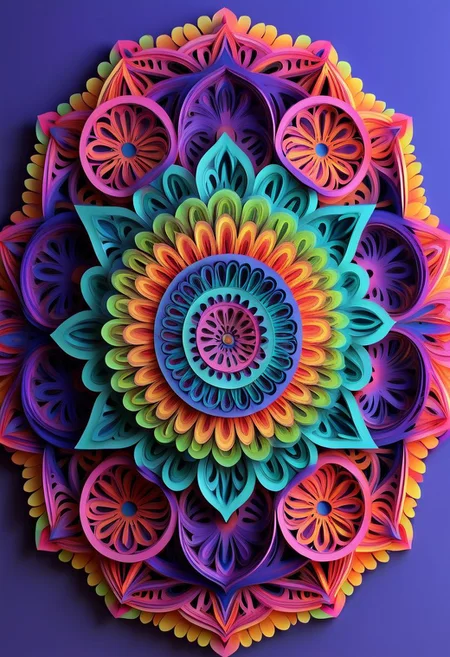 Mandala style,Coloring page , 3d mandala pattern, Paris theme , paper work art, shadows, neon colored