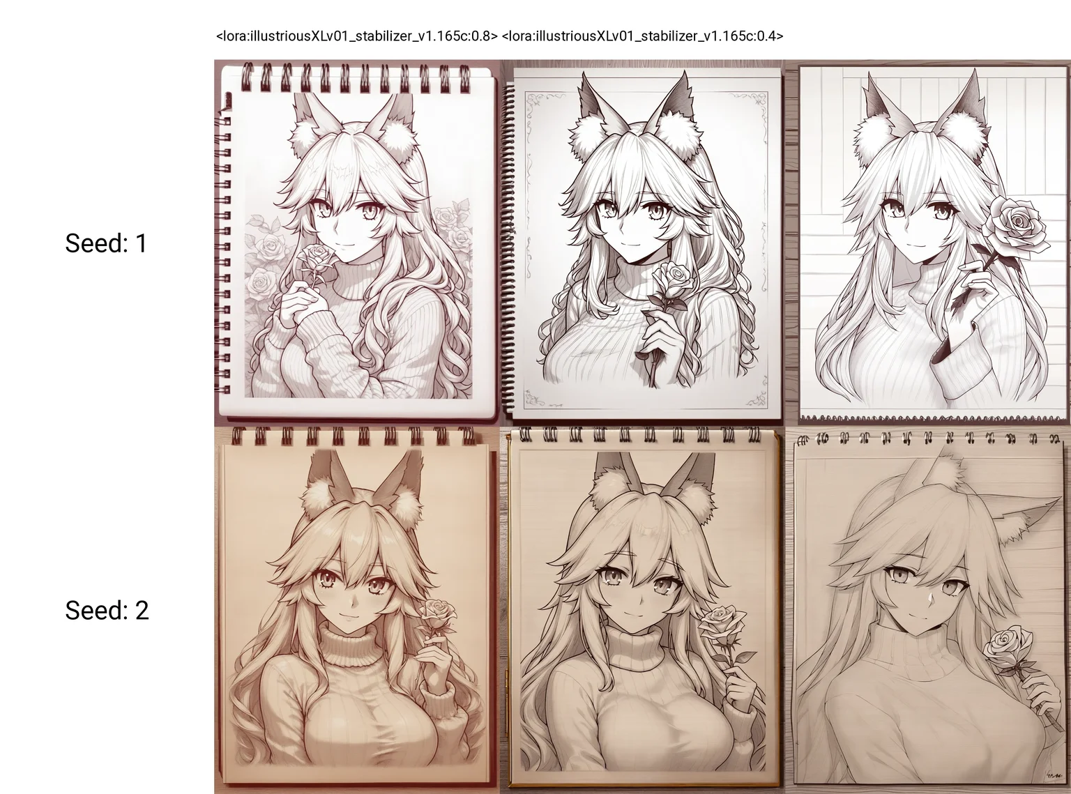<lora:illustriousXLv01_stabilizer_v1.165c:0.8>pencil art on notebook,pencil on paper,wooden surface,1girl,fox ears,tamamo \(fate\),light smile,long hair,sweater,portrait,holding rose flower,monochrome,masterpiece,