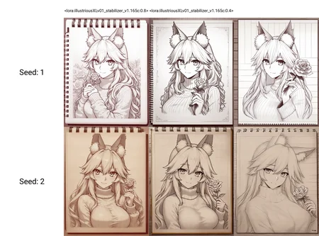 <lora:illustriousXLv01_stabilizer_v1.165c:0.8>pencil art on notebook,pencil on paper,wooden surface,1girl,fox ears,tamamo \(fate\),light smile,long hair,sweater,portrait,holding rose flower,monochrome,masterpiece,