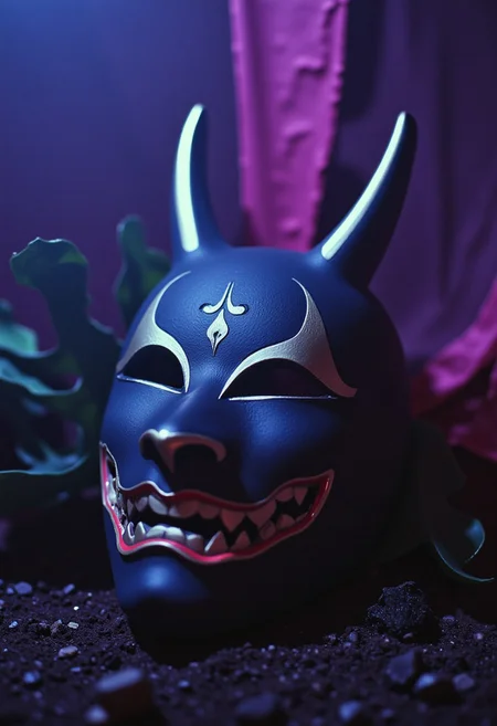 ArsMovieStill, movie still from a 1970s horror movie Studio cursed kitsune mask in a Japanese grave shrine purple cyan miasma