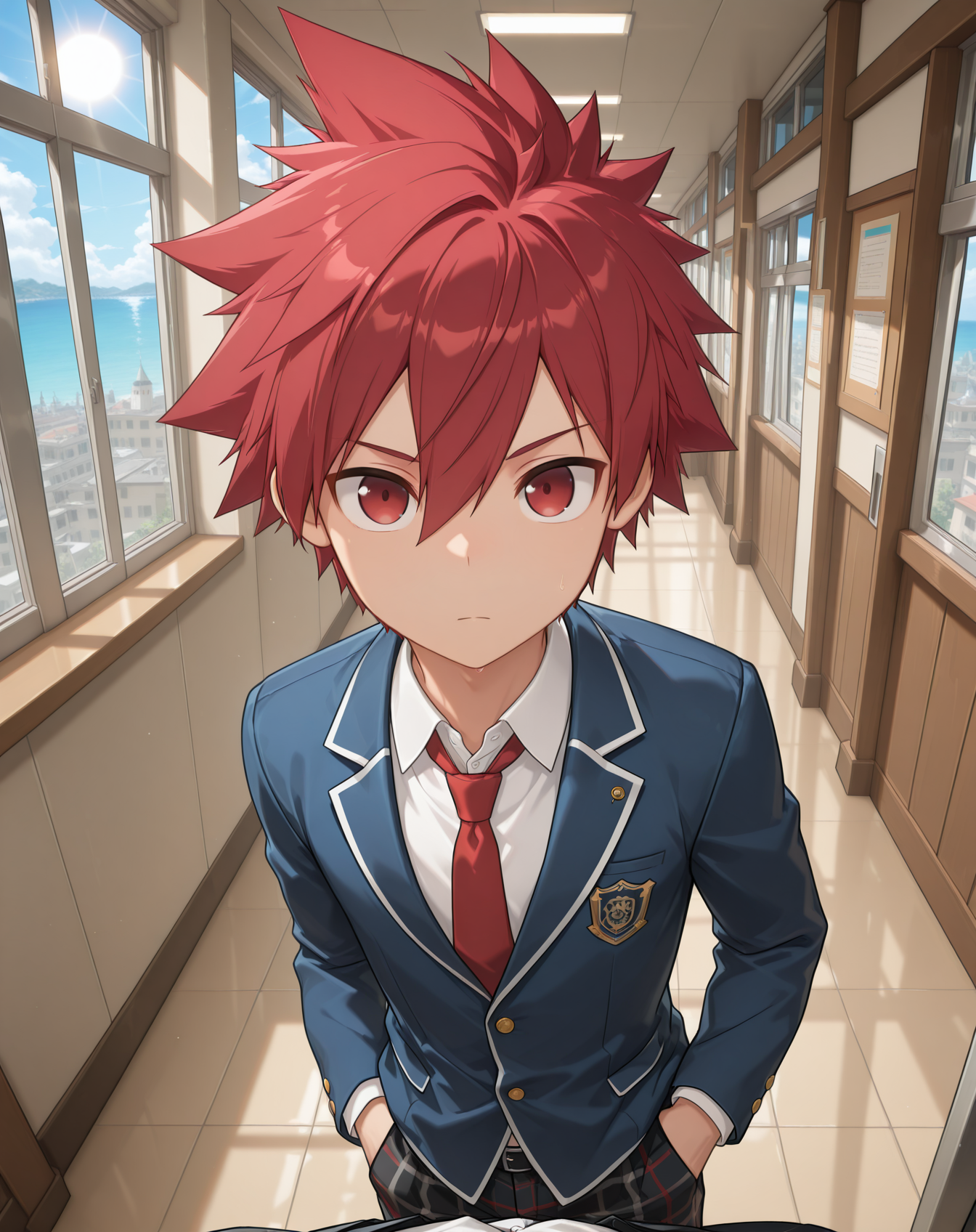 masterpiece,best quality,amazing quality, newest, very aesthetic, absurdres,
1boy, solo, yaoi, male focus, looking at viewer, cowboy shot,
 <lora:Elsword_Lord_Knight_ilxl:1> elswordlk, red hair, red eyes, spiked hair, adult, 
school uniform, white shirt, collared shirt, blue jacket, red necktie, black pants, plaid pants,
indoors, school, hallway, window, day, sun,