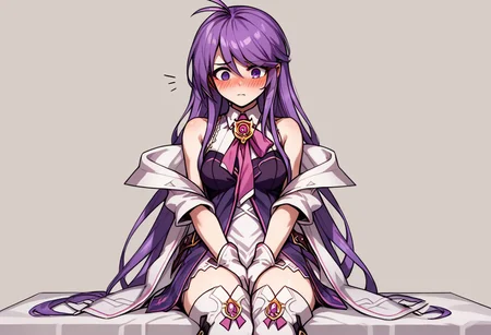 score_9, score_8_up, score_7_up, source_anime, good anatomy, 1girl, solo, AishaAS, antenna hair, ahoge, long hair, purple hair, sidelocks, very long hair, purple eyes, amulet, pink ribbon, wing collar, white and purple dress, layered dress, sleeveless dress, leather belt, off shoulder coat, white coat, white gloves, white thighboots, blushing, embarassed, sitting, hands between thighs,