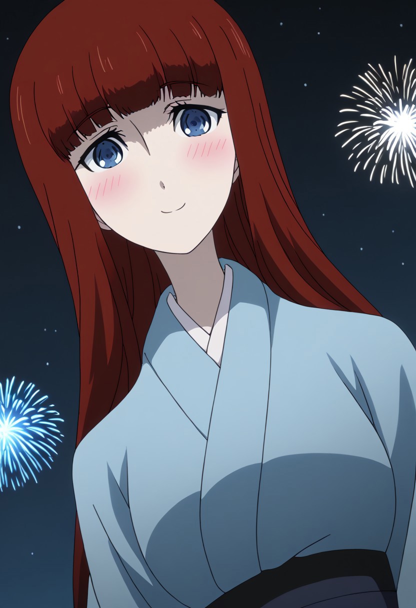 rating_safe, Ultra-high-detailed Anime illustration of Kagari Shiina from Anime Steins;Gate 0. 
The artwork features Kagari in a solo, full body, standing position with a outdoors, flield, and night background. night time. night. stars.
She is depicted with intricate details showcasing her large breasts, natural_breasts. She is a white skinned, 22 years old woman. Kagari is looking_at_viewer with perfect_eyes, Her pupils are highly detailed. The eyes are open. blue eyes. Kagari's eyes are highlighted. Highlighted eyevrows. 
She has long hair, red colored hair, styled in blunt bangs and floating hair.
She is wearing a blue kimono and black shoes. japanese kimono, kimono.
The artistic style is intricate_details_xl with a focus on Anime art. The color palette emphasizes red and black with detailed strokes to bring out the character's features. The lighting creates dramatic shadows and highlights, adding depth to the artwork. The perspective is from a face focus, dutch angle to enhance the impact of the character's expression. This masterpiece is a true portrayal of Kagari's complex personality and will captivate any fan of Kagari. uncensored, upper body, blushing, smile, Kagari Shiina,
perfecteyes,
<lora:Steins_Gate:1>
kimono
happy new year!, Happy New Year fireworks, Happy New Years, golden colored fireworks