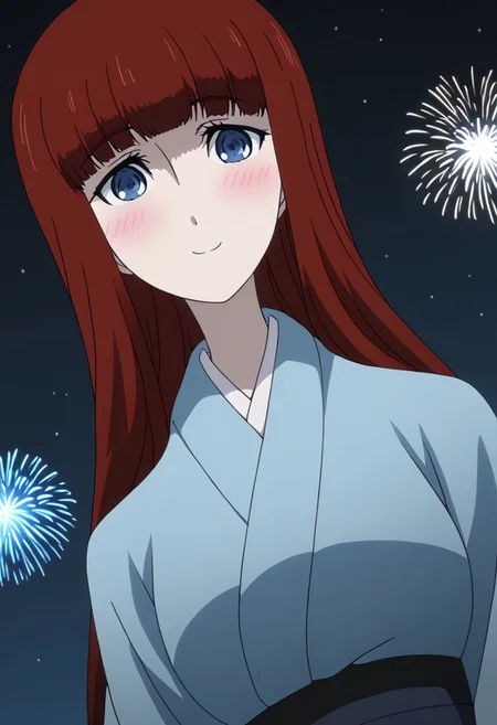 rating_safe, Ultra-high-detailed Anime illustration of Kagari Shiina from Anime Steins;Gate 0.
The artwork features Kagari in a solo, full body, standing position with a outdoors, flield, and night background. night time. night. stars.
She is depicted with intricate details showcasing her large breasts, natural_breasts. She is a white skinned, 22 years old woman. Kagari is looking_at_viewer with perfect_eyes, Her pupils are highly detailed. The eyes are open. blue eyes. Kagari's eyes are highlighted. Highlighted eyevrows.
She has long hair, red colored hair, styled in blunt bangs and floating hair.
She is wearing a blue kimono and black shoes. japanese kimono, kimono.
The artistic style is intricate_details_xl with a focus on Anime art. The color palette emphasizes red and black with detailed strokes to bring out the character's features. The lighting creates dramatic shadows and highlights, adding depth to the artwork. The perspective is from a face focus, dutch angle to enhance the impact of the character's expression. This masterpiece is a true portrayal of Kagari's complex personality and will captivate any fan of Kagari. uncensored, upper body, blushing, smile, Kagari Shiina,
perfecteyes,
<lora:Steins_Gate:1>
kimono
happy new year!, Happy New Year fireworks, Happy New Years, golden colored fireworks