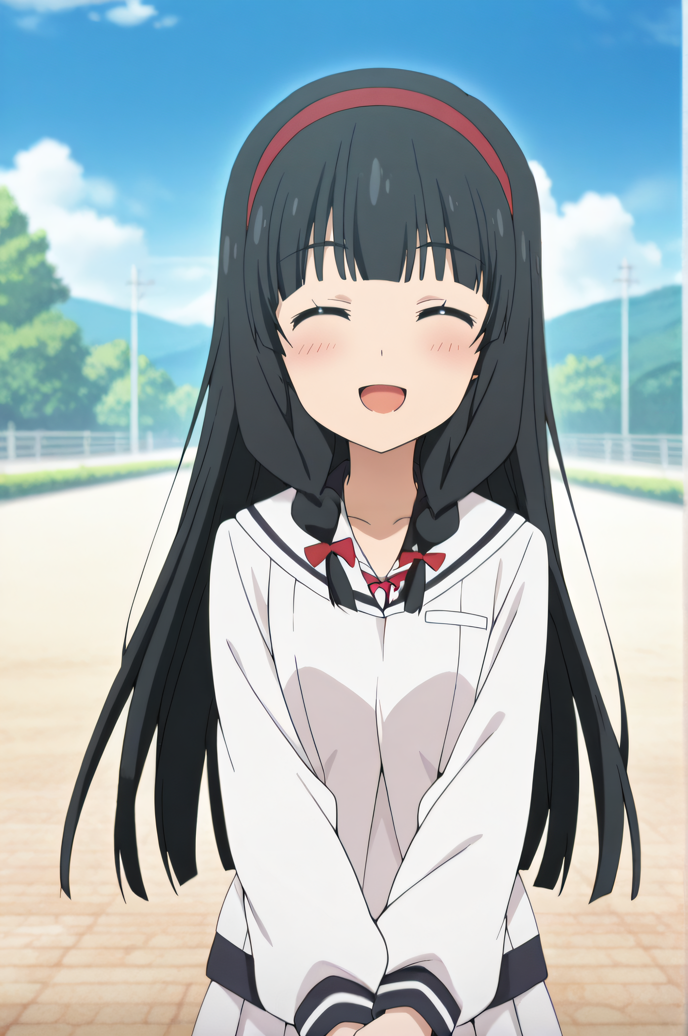 masterpiece, best quality, highres, newest, 1girl, solo, official style, anime screencap, <lora:Itsuki:1>, itsuki, black hair, closed eyes, red hairband, twin braids, white school uniform, looking at viewer, smile, outdoor, cowboy shot, five fingers, upper body, hands together, blush, open mouth