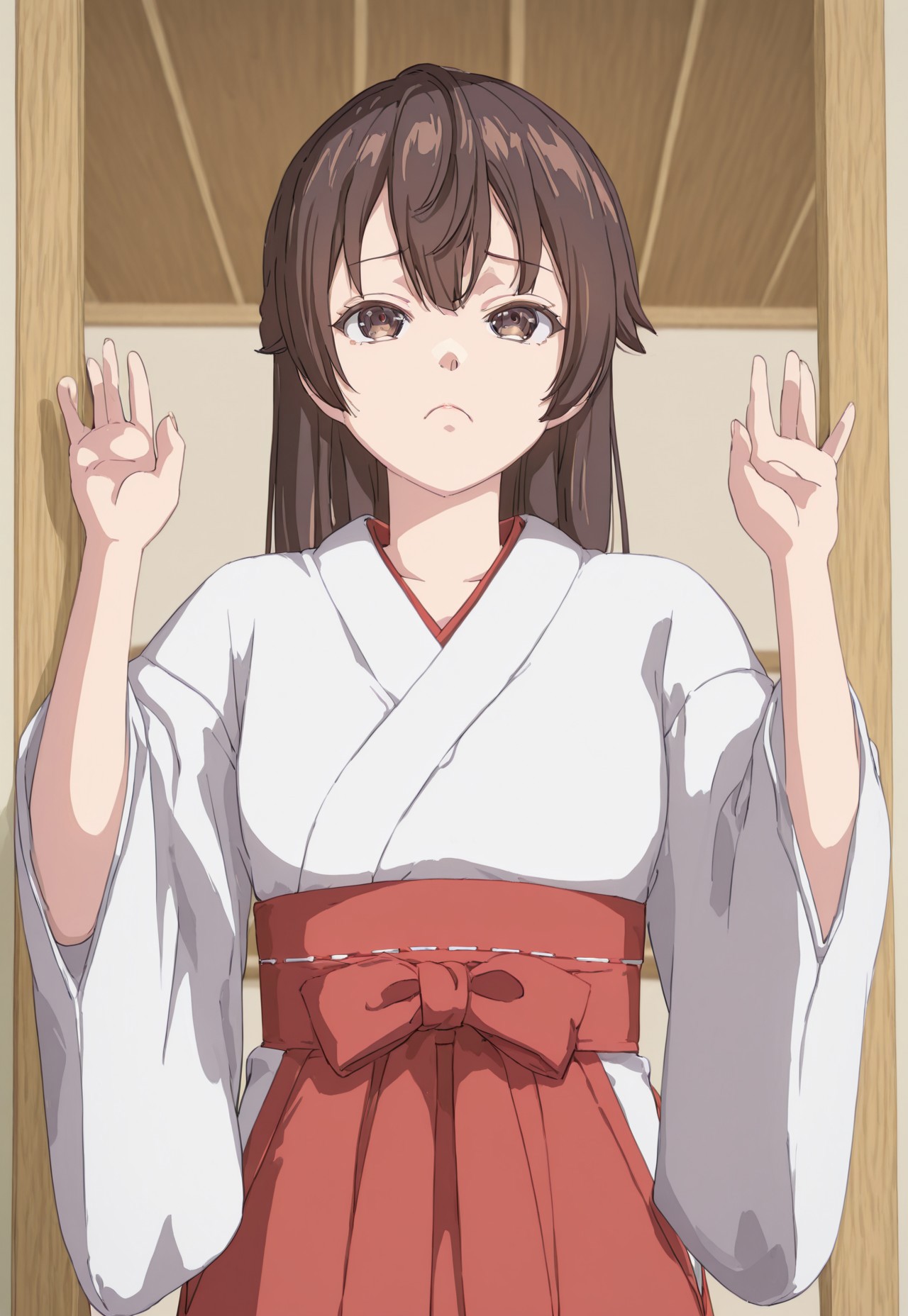 Masterpiece, best quality, ultra-detailed, expressive, Japanese temple background, anime, anime, anime, anime, 1girl, Yuki, solo, brown hair, brown eyes, small breasts, jyojifuku,miko,red hakama