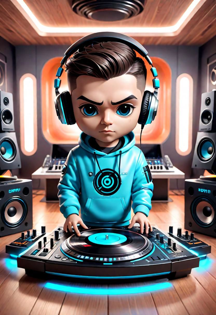 photorealistic chibi art style,  Male Futuristic DJ playing futuristic music equipment in cozy modern music room , facing the viewer