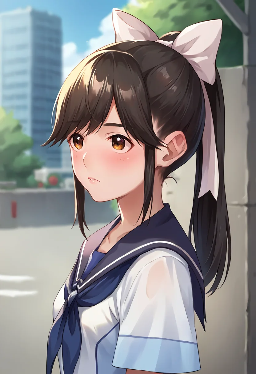 score_9, score_8_up, score_7_up, masterpiece, source_anime 1girl, ct_m4na, long hair, ponytail, hair bow, white serafuku, short sleeves, blue sailor collar, blue neckerchief, blue skirt outdoors, depth of field, city, cowboy shot, shiny skin, upper body, <lora:Manaka Takane_Pony_ct_ver2:1>