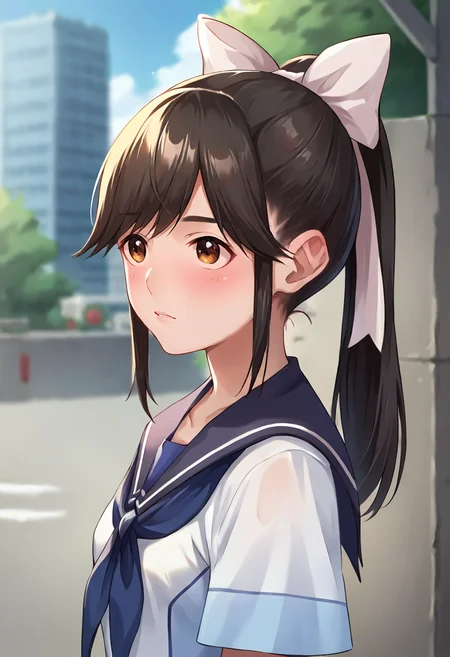 score_9, score_8_up, score_7_up, masterpiece, source_anime 1girl, ct_m4na, long hair, ponytail, hair bow, white serafuku, short sleeves, blue sailor collar, blue neckerchief, blue skirt outdoors, depth of field, city, cowboy shot, shiny skin, upper body,  <lora:Manaka Takane_Pony_ct_ver2:1>